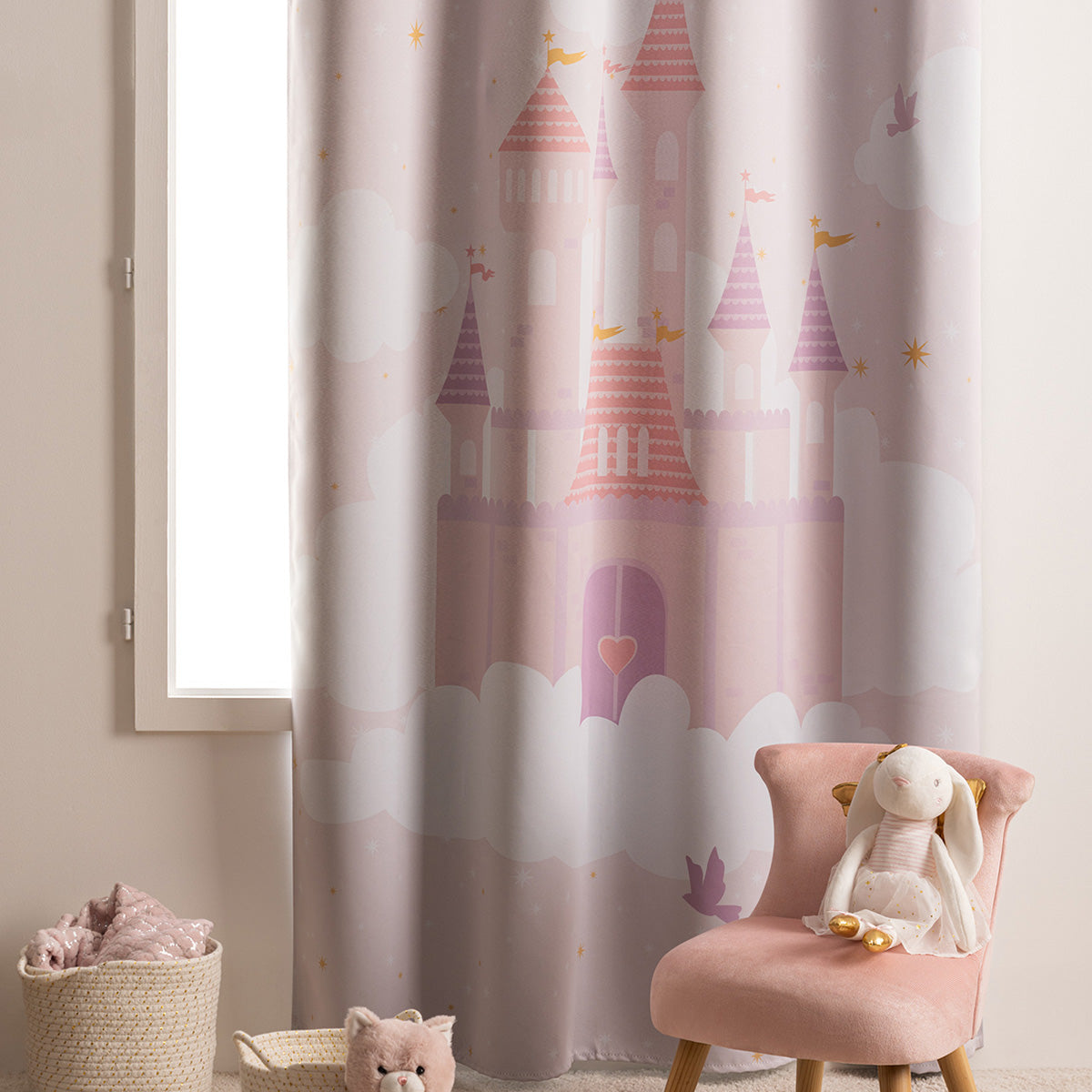 Atmosphera Kids Blackout Curtain Castle 135x260cm - Pink with white clouds