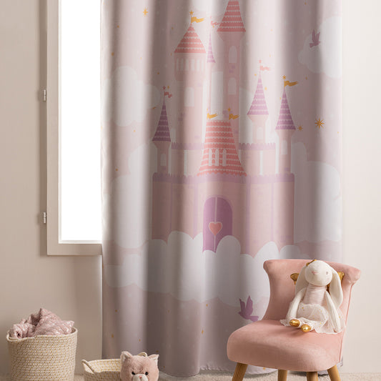 Atmosphera Kids Rideau Occultant Château 135x260cm - Rose avec nuages ​​blancs