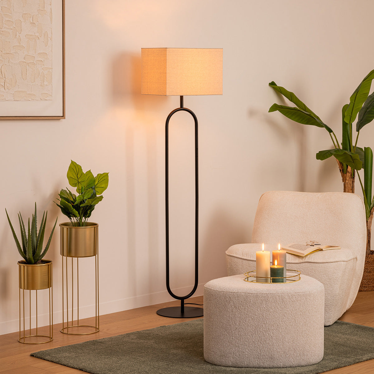 Atmosphera Vloerlamp met linnen kap - 38x28xH154cm - Zwart/Beige