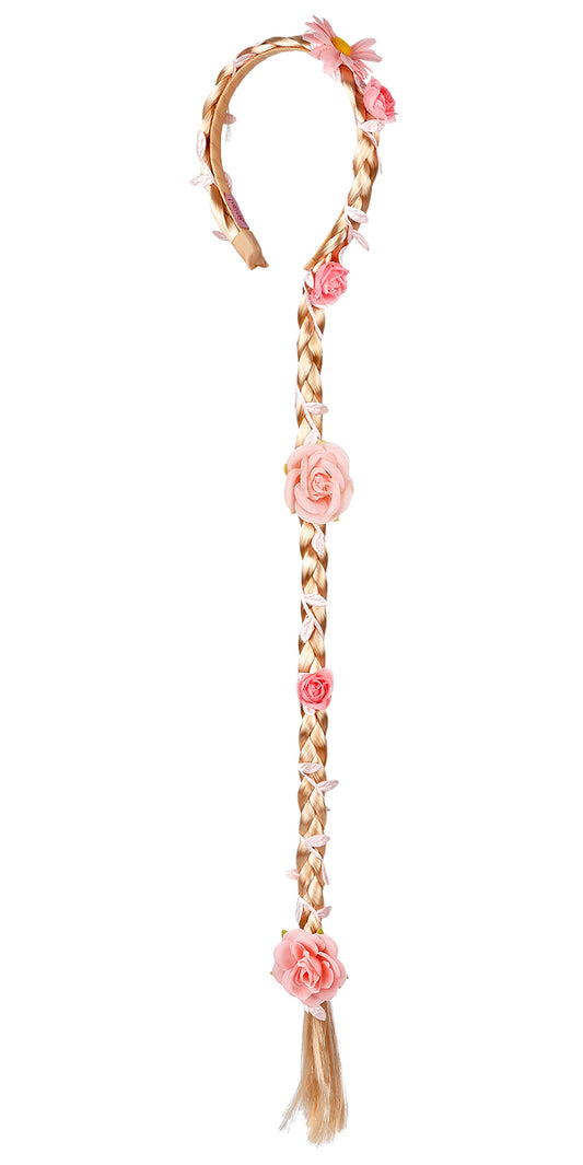 Souza Taylor Haarband met lange blonde vlecht - Roze bloemen - 30cm