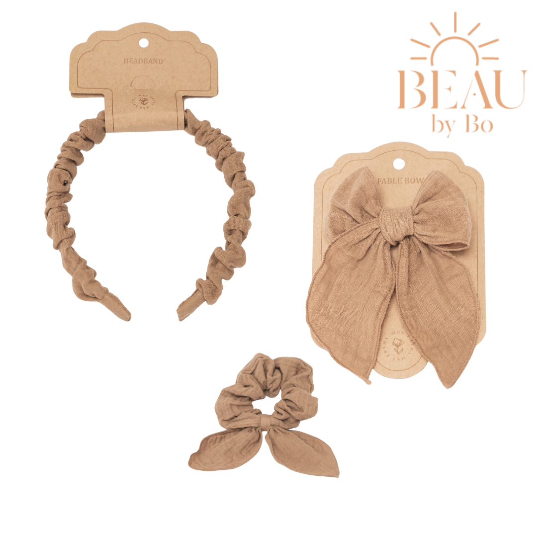 BEAU by Bo Mrs Ertha Haaraccessoires - Haarband + Scrunchie + Clip met strik - Taupe