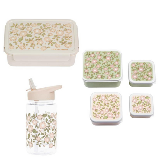 A Little Lovely Company Back to school set - Drinkfles/4 Snackdozen/Bentobox - Bloesems Roze