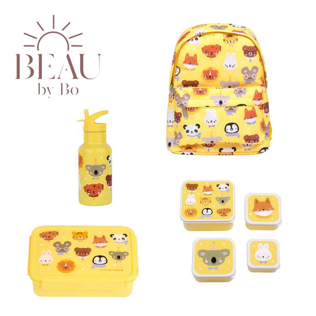 BEAU by Bo A Little Lovely Company Back to school set - Rugzak/Drinkfles RVS/4 Snackdozen/Bentobox - Dierenvriendjes