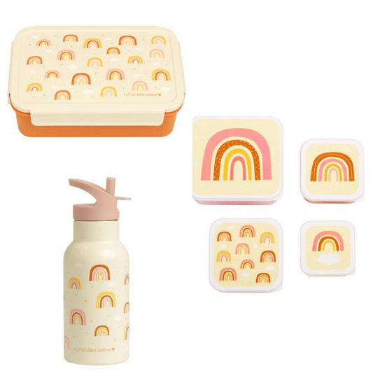 A Little Lovely Company Back to school set - Drinkfles RVS/4 Snackdozen/Bentobox - Regenbogen