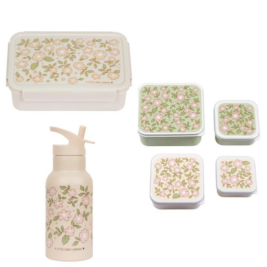 A Little Lovely Company Back to School Set - Drinking bottle stainless steel/4 Snack boxes/Bentobox - Bloesems Pink