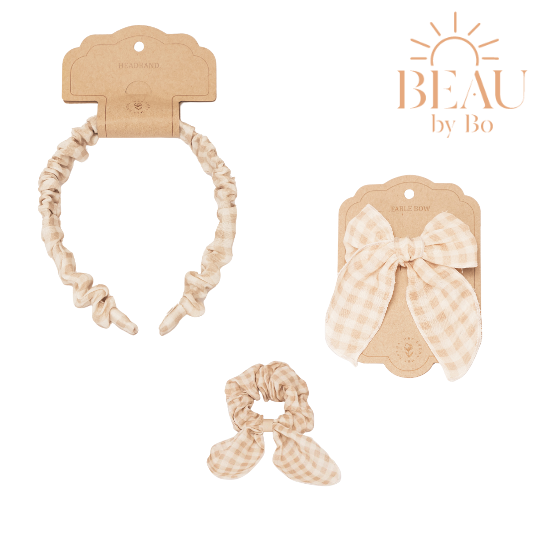 Accessoires pour cheveux BEAU by Bo Mrs Ertha - Bandeau + Chouchou + Pince avec nœud - Carrés Doux