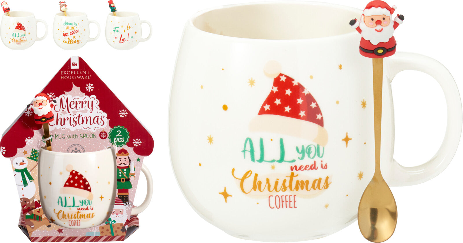 Home & Styling Kerst Mokken met Lepel - Porselein - Multi