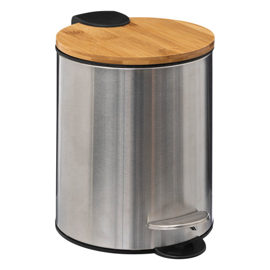 5Five Stylish &amp; Compact Waste Bin 3L with Bamboo Lid - Soft Close - Inox