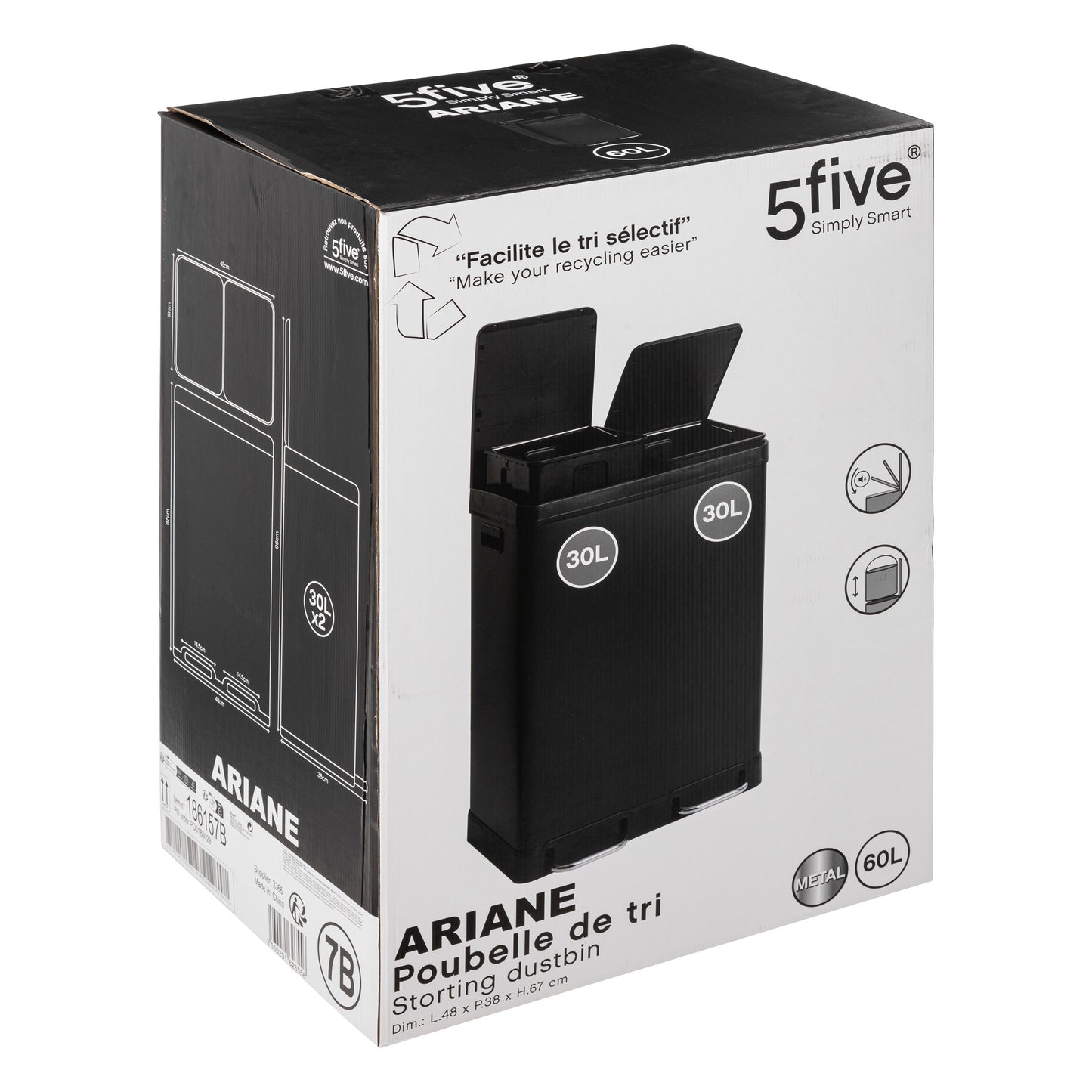 5Five Waste Bin Ariane - Metal 30L+30L - Black