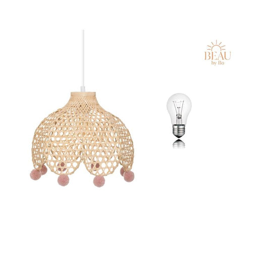 BEAU by Bo Lampe enfant en bambou avec pompons roses et ampoule assortie