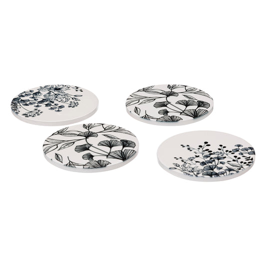 Atmosphera Presentation dish - Glass drawing - Set of 4 - White flowers - D10cm