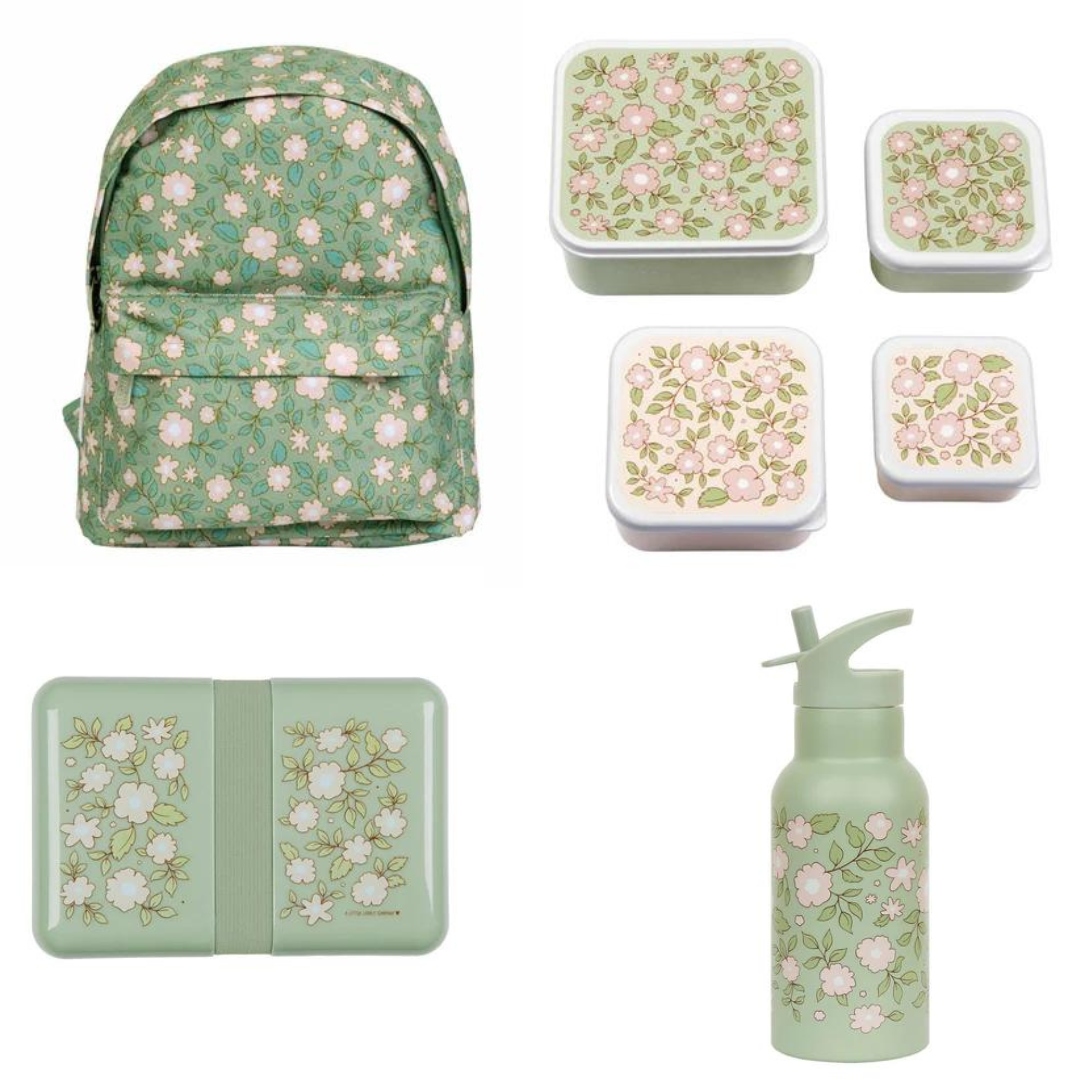 A Little Lovely Company Back to school set - Rugzak/Drinkfles RVS/4 Snackdozen/Lunchbox - Bloesems Saliegroen