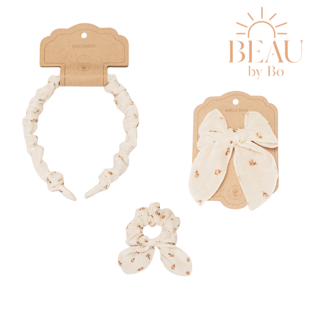 BEAU by Bo Mrs Ertha Accessoires pour cheveux - Bandeau + Chouchou + Clip avec nœud - Boutons de fleurs