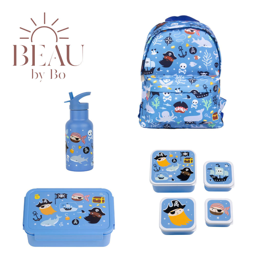 BEAU by Bo A Little Lovely Company Back to school set - Rugzak/Drinkfles RVS/4 Snackdozen/Bentobox - Piraten