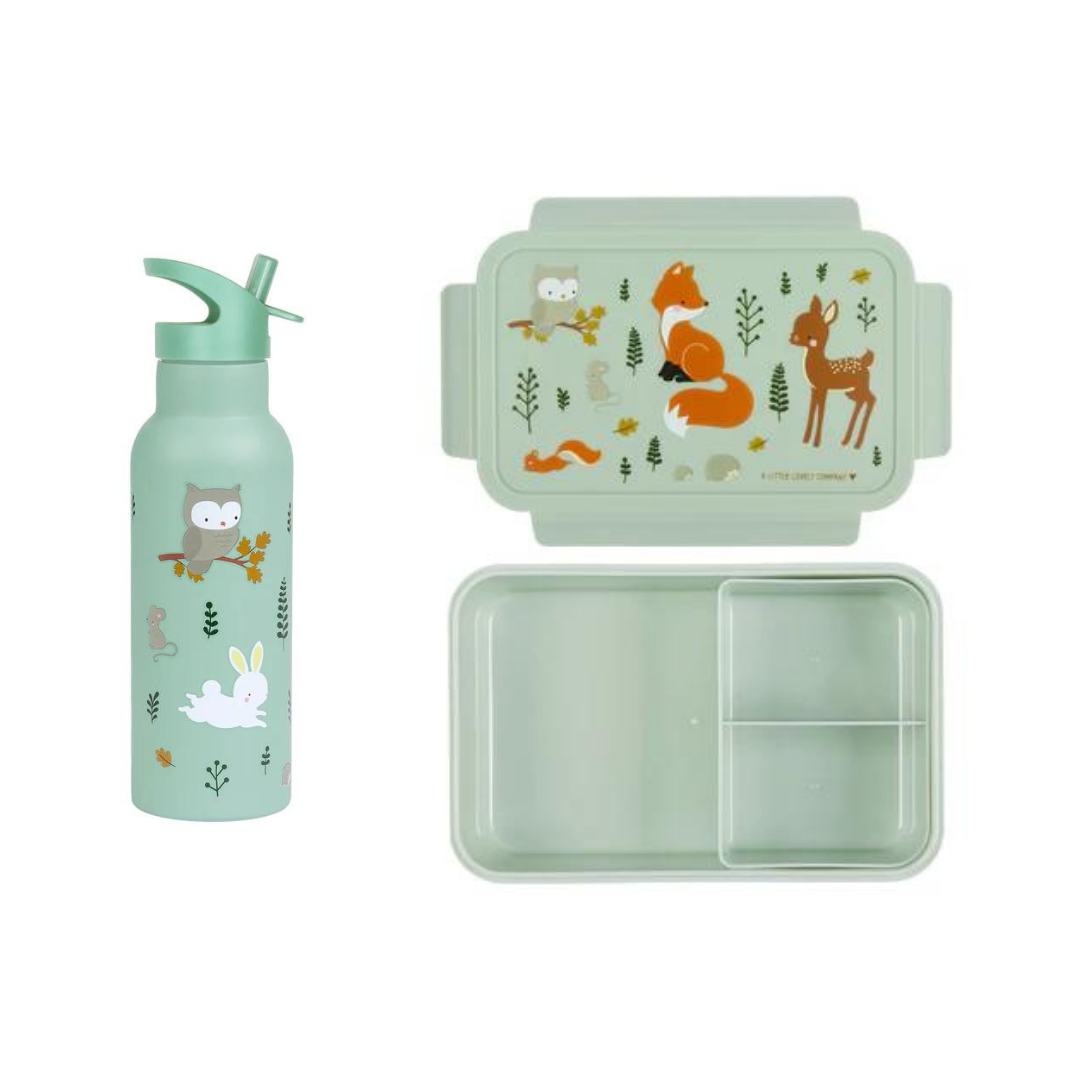 A Little Lovely Company Back to school set - Drinkfles XL RVS/Bentobox - Bosvriendjes