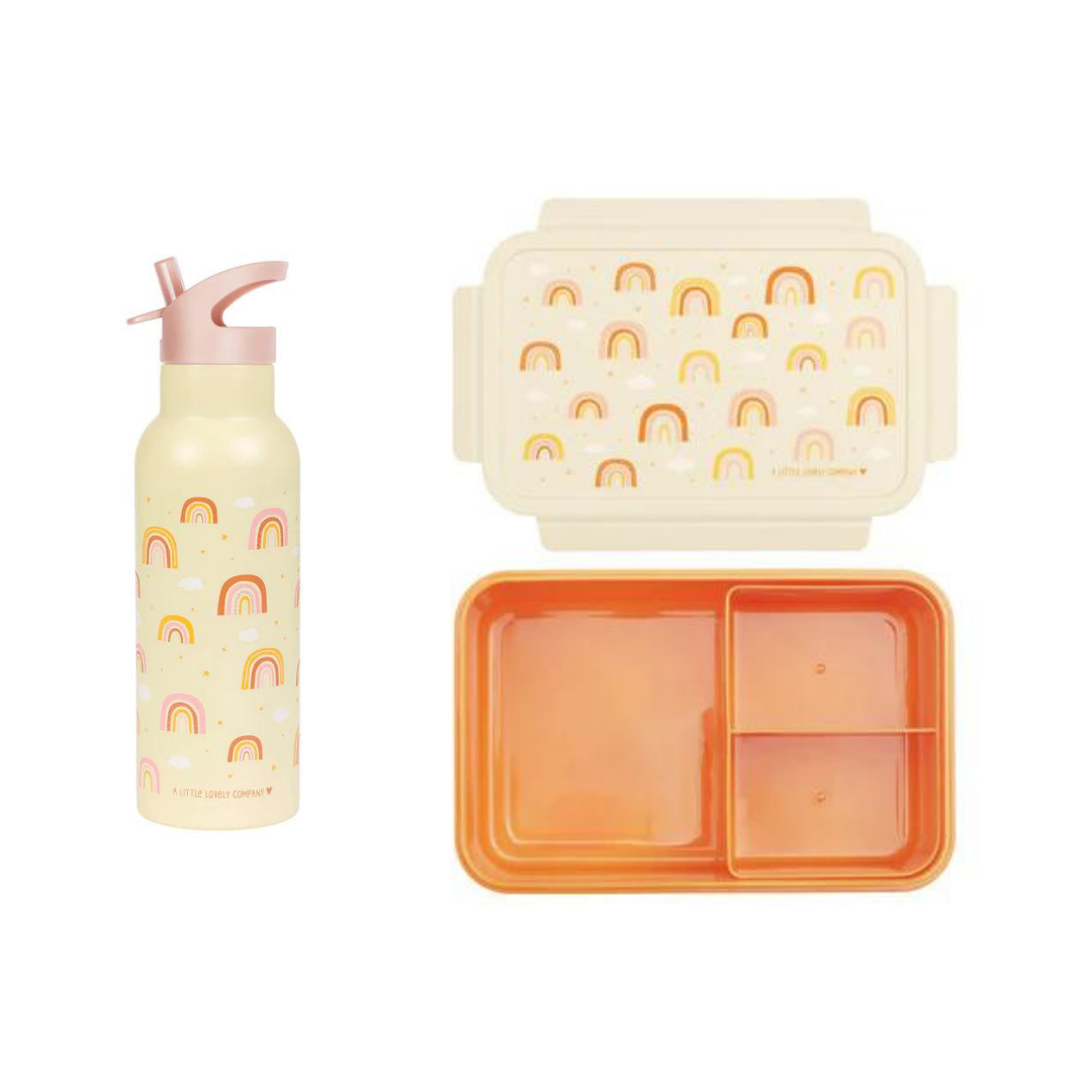 A Little Lovely Company Back to school set - Drinkfles XL RVS/Bentobox - Regenbogen