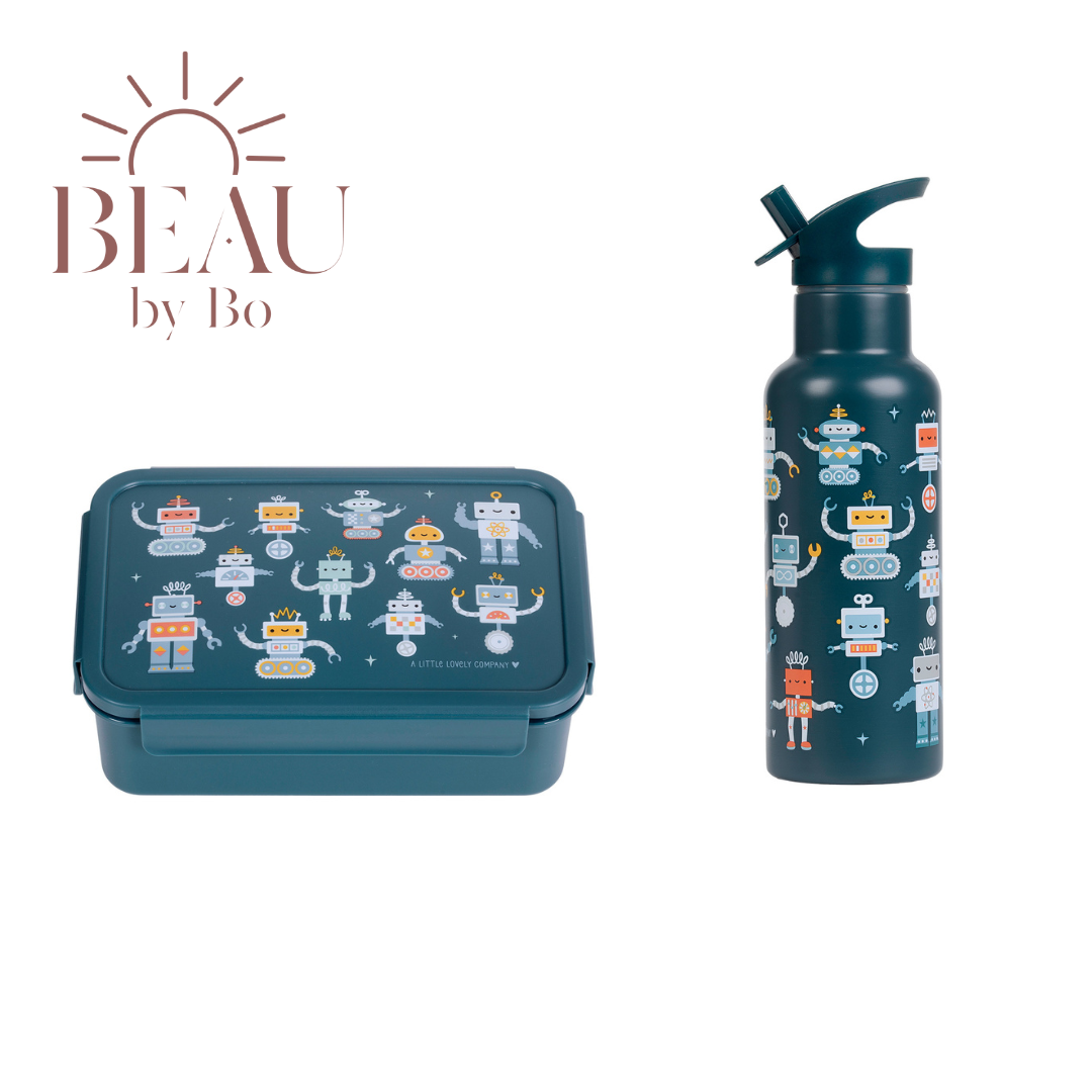 Bundel A Little Lovely Company Back to school set - Drinkfles XL RVS/Bentobox - Robots