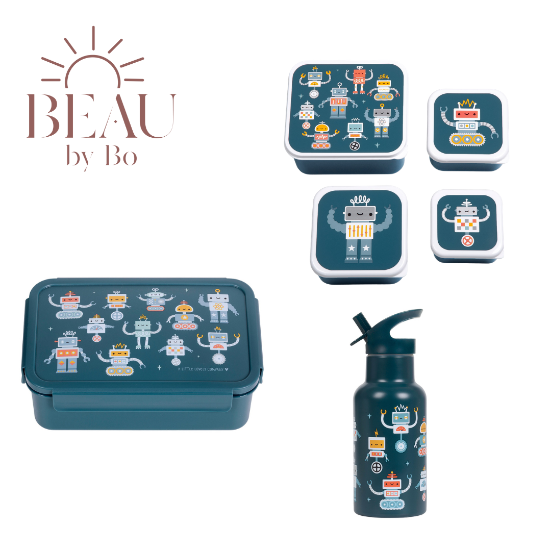 Bundel A Little Lovely Company Back to school set - Drinkfles RVS/4 Snackdozen/Bentobox - Robots