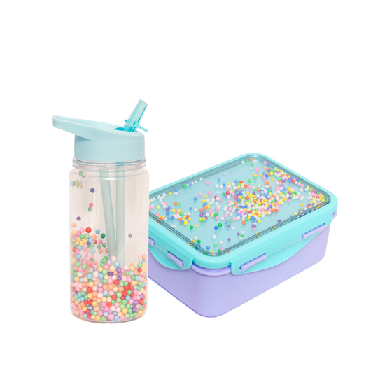 Petit Monkey Bentobox + Drinkfles Popsicles Back to School set - Wild Lilac/Aqua Blue