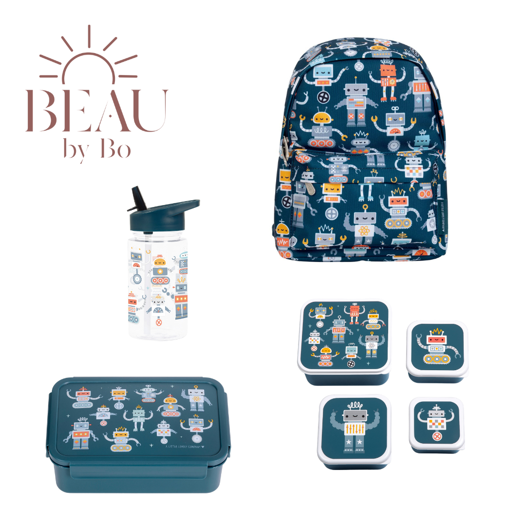 Bundel A Little Lovely Company Back to school set - Rugzak/Drinkfles/4 Snackdozen/Bentobox - Robots