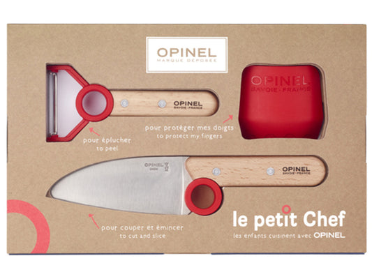 Opinel Le Petit Chef Kinderkeukenset - 3-delig - Kinderkoksmes (11cm), Vingerbeschermer, Dunschiller - Rood