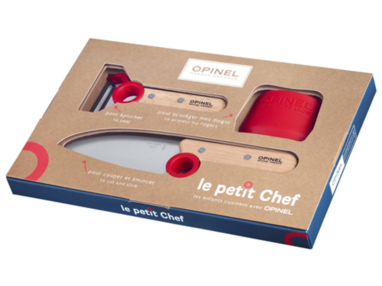 Opinel Le Petit Chef Kinderkeukenset - 3-delig - Kinderkoksmes (11cm), Vingerbeschermer, Dunschiller - Rood