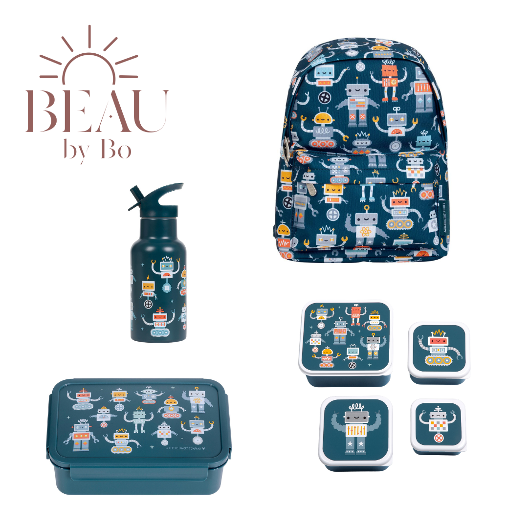 Bundel A Little Lovely Company Back to school set - Rugzak/Drinkfles RVS/4 Snackdozen/Bentobox - Robots
