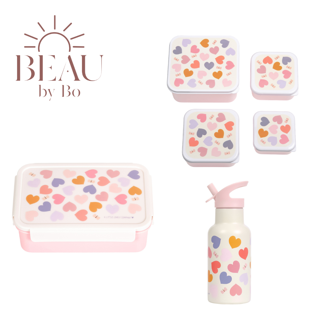 Bundel A Little Lovely Company Back to school set - Drinkfles RVS/4 Snackdozen/Bentobox - Hearts