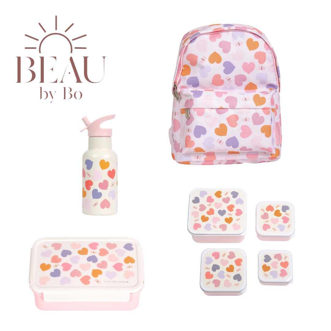 Bundel A Little Lovely Company Back to school set - Rugzak/Drinkfles RVS/4 Snackdozen/Bentobox - Hearts