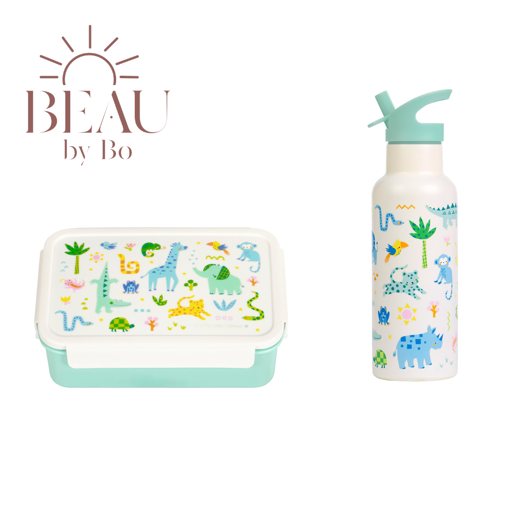 Bundel A Little Lovely Company Back to school set - Drinkfles XL RVS/Bentobox - Jungle