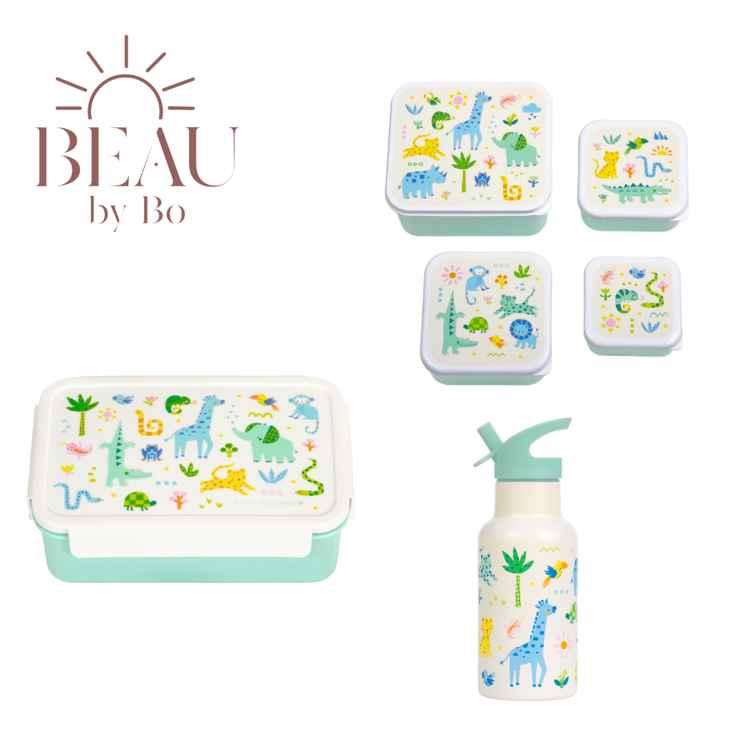Bundel A Little Lovely Company Back to school set - Drinkfles RVS/4 Snackdozen/Bentobox - Jungle