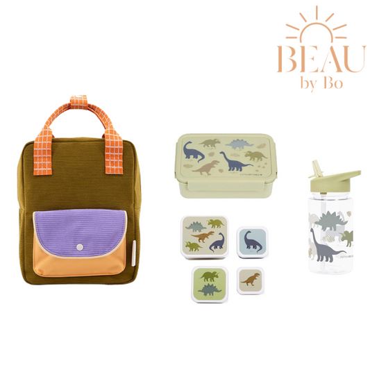 BEAU by Bo Sticky Lemon rugzak small + A Little Lovely Company back to school set Dinosaurussen