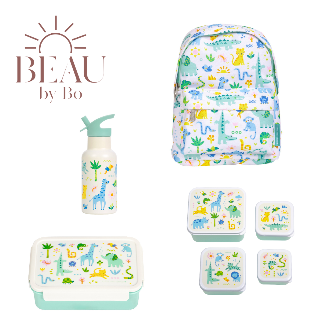 Bundel A Little Lovely Company Back to school set - Rugzak/Drinkfles RVS/4 Snackdozen/Bentobox - Jungle