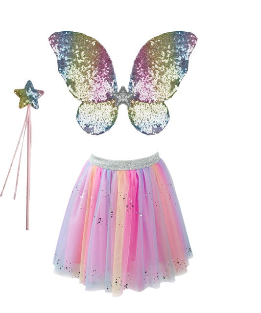 Great Pretenders Fancy Dress Rainbow sequin skirt with wings and wand - Multi