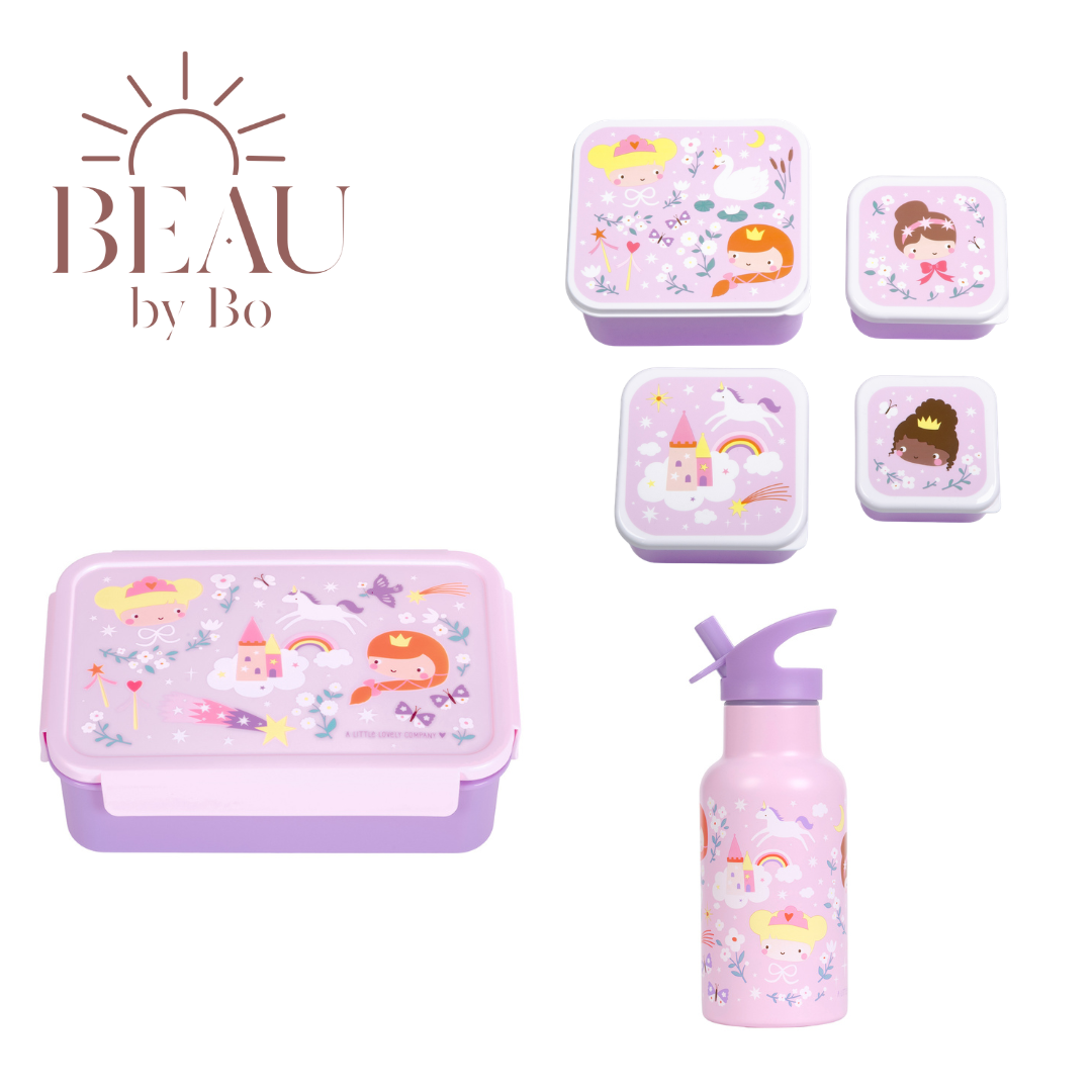 Bundel A Little Lovely Company Back to school set - Drinkfles RVS/4 Snackdozen/Bentobox - Princesses