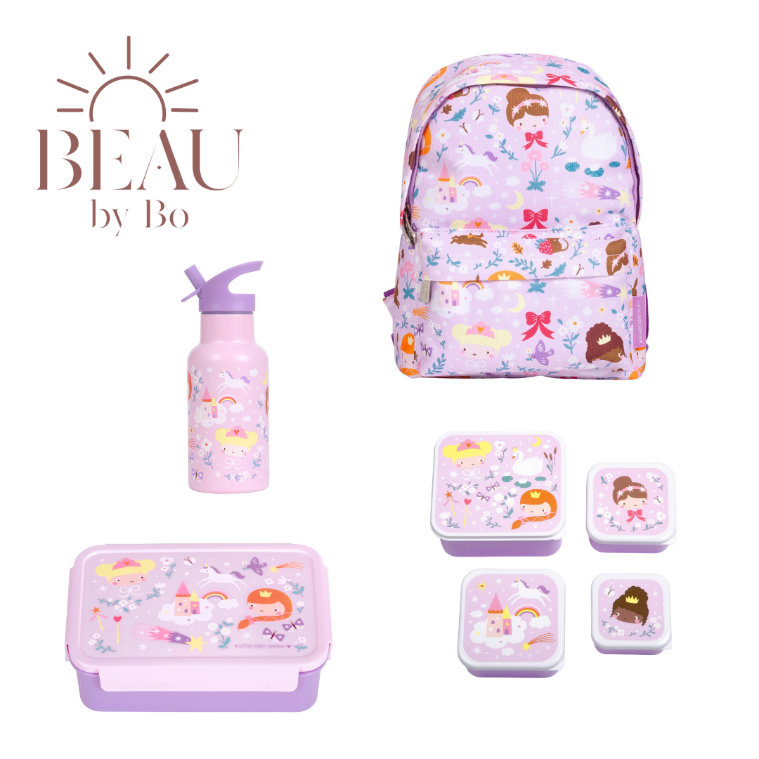 Bundel A Little Lovely Company Back to school set - Rugzak/Drinkfles RVS/4 Snackdozen/Bentobox - Princesses