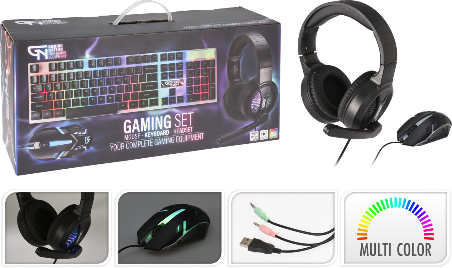 Gaming set - 3 in 1 - Headset, toetsenbord en muis - Multicolor