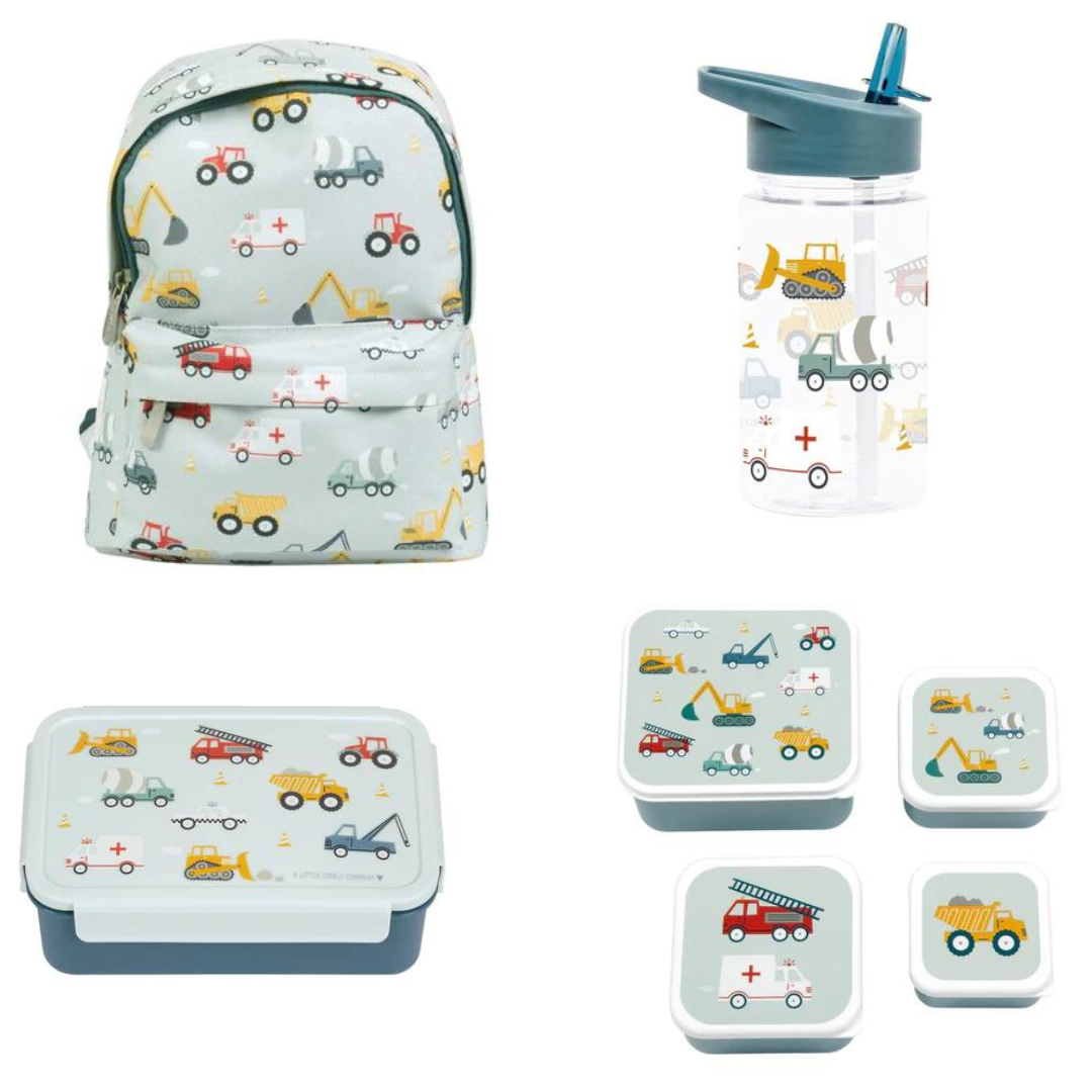 A Little Lovely Company Back to school set - Rugzak/Drinkfles/4 Snackdozen/Bentobox - Voertuigen