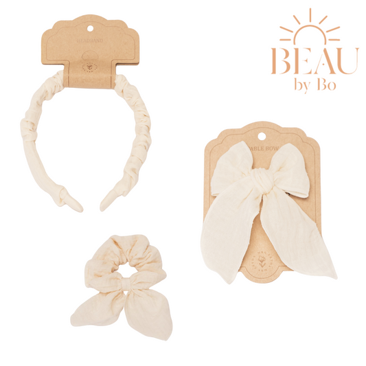 BEAU by Bo Mrs Ertha Accessoires pour cheveux - Bandeau + Chouchou + Pince avec nœud - Vanille