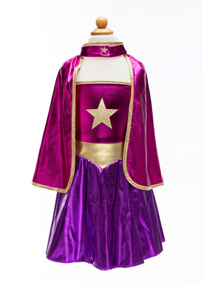 Great Pretenders Verkleedkledij Superheldin Ster jurk met cape en hoofdband - Magenta/Paars