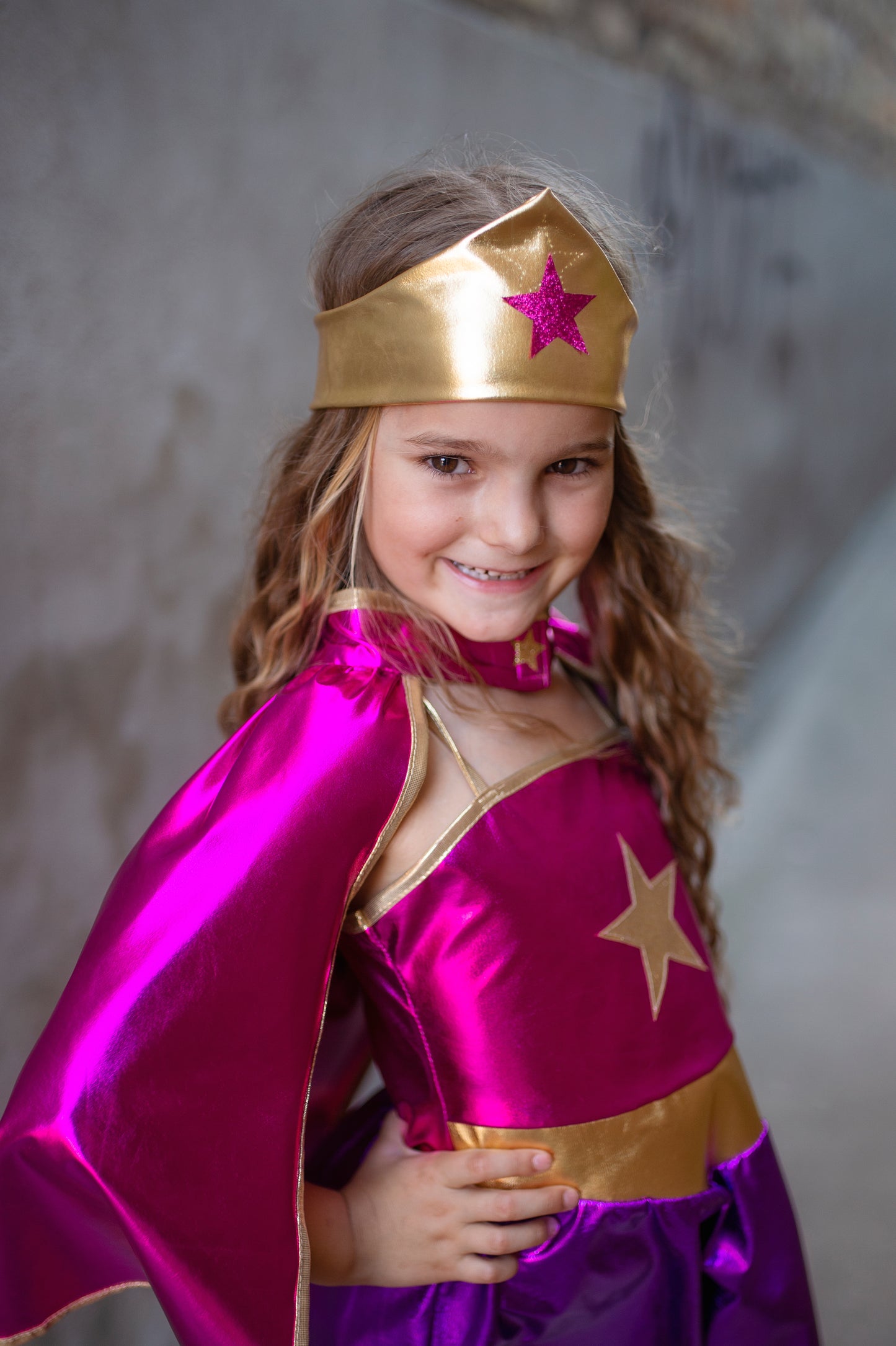 Great Pretenders Fancy Dress Superheroine Star dress with cape and headband - Magenta/Purple