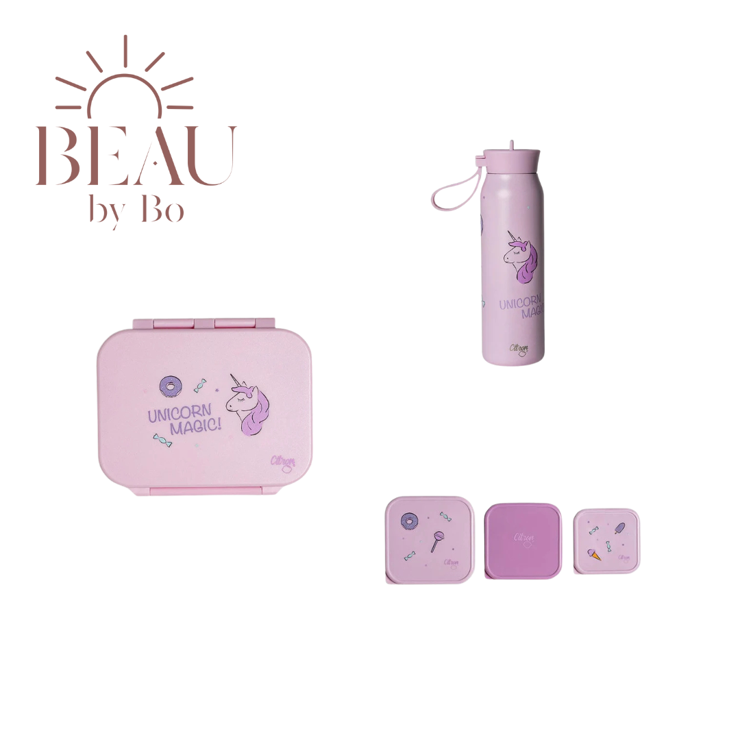 BEAU by Bo Citron Back to school set - Kleine Lunchbox/Drinkfles 350ml/3 Snackdozen - Stormy Unicorn