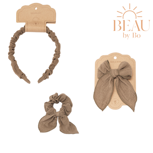 BEAU by Bo Mrs Ertha Accessoires pour cheveux - Bandeau + Chouchou + Pince avec nœud - Olive