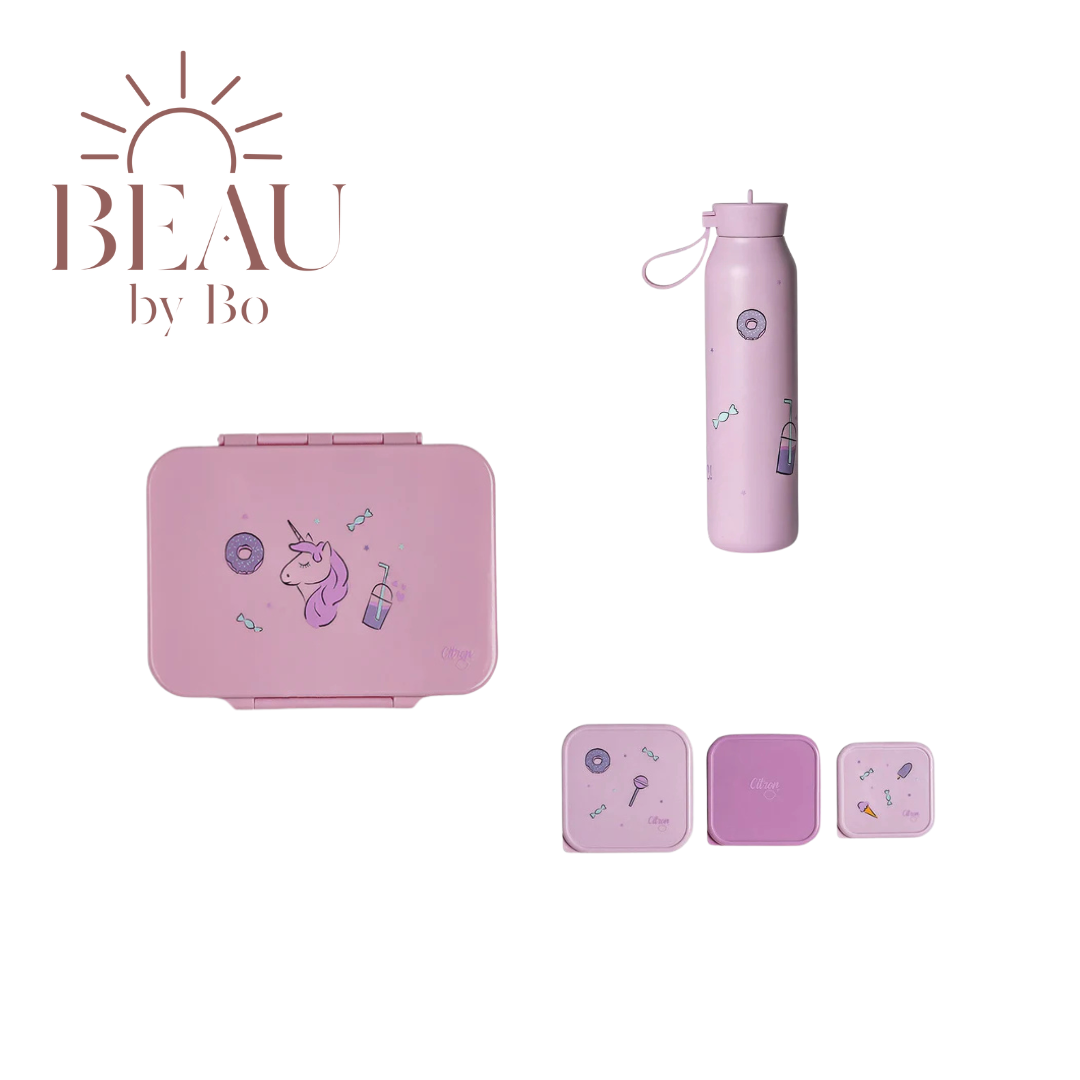 BEAU by Bo Citron Back to school set - Grote Lunchbox/Drinkfles 500ml/3 Snackdozen - Stormy Unicorn