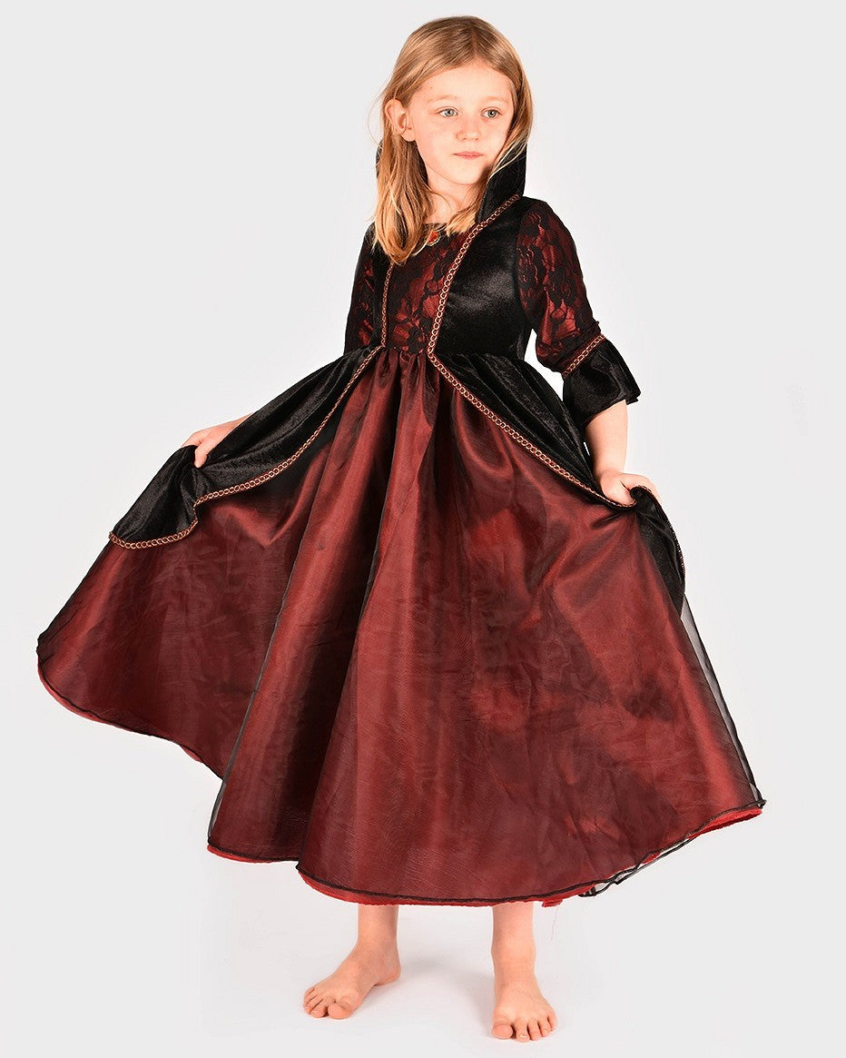 Den Goda Fen Verkleedkledij Vampier Koningin - Velvet, chiffon jurk - 110-116cm - 4-6 jaar - Rood/Zwart