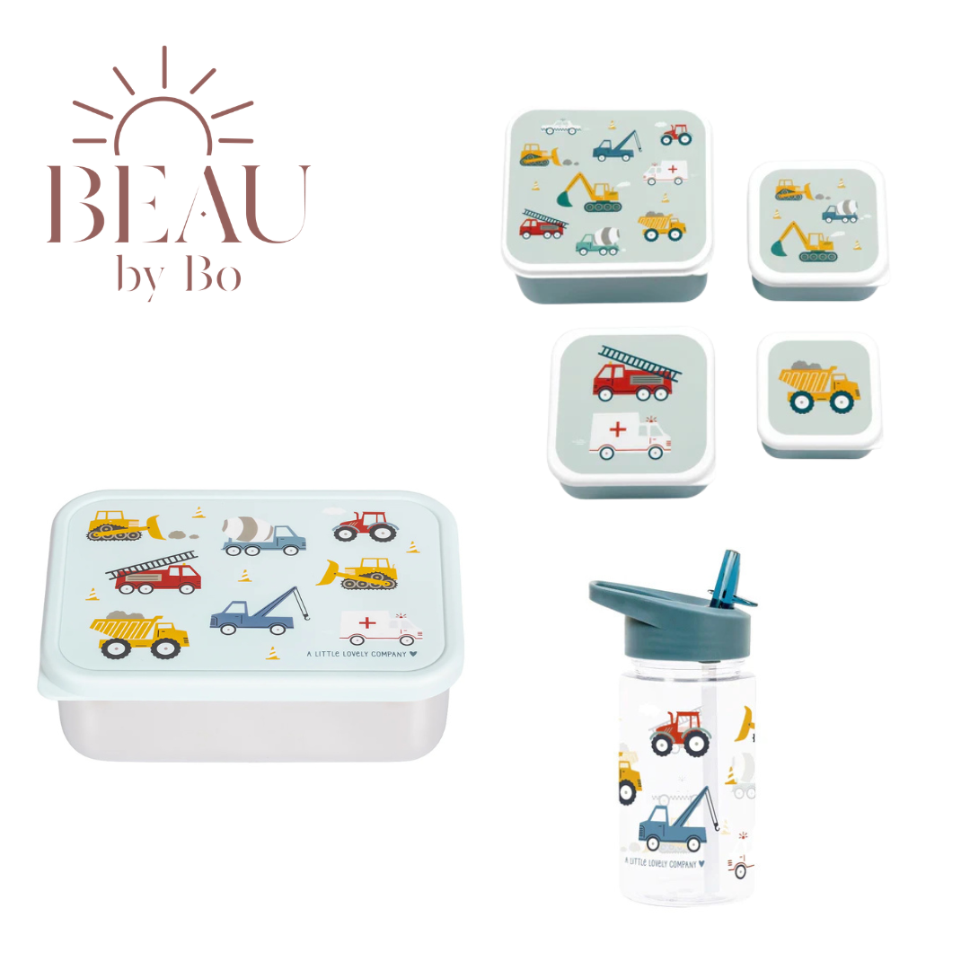 Bundel A Little Lovely Company Back to school set - Drinkfles/4 Snackdozen/RVS Lunchbox - Voertuigen