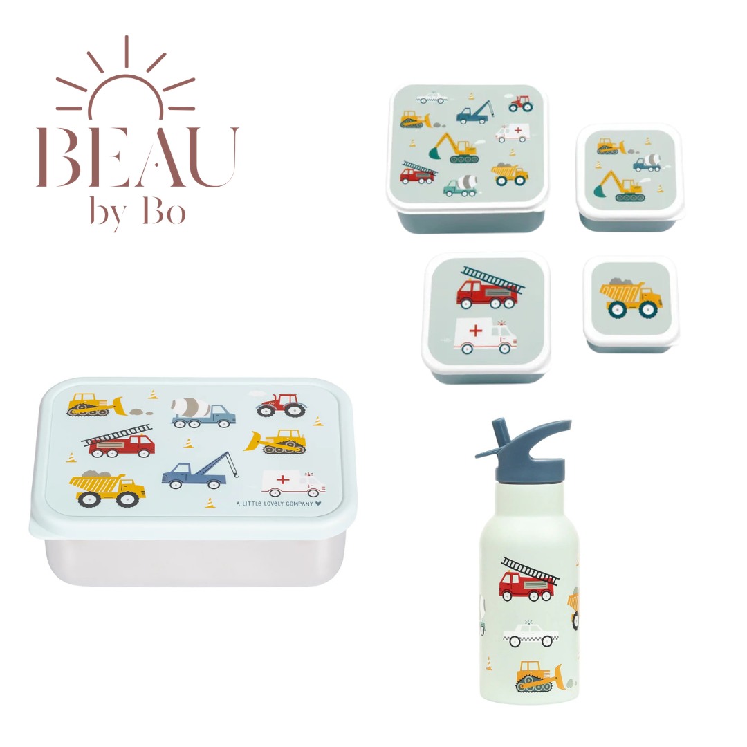 Bundel A Little Lovely Company Back to school set - RVS Drinkfles/4 Snackdozen/RVS Lunchbox - Voertuigen