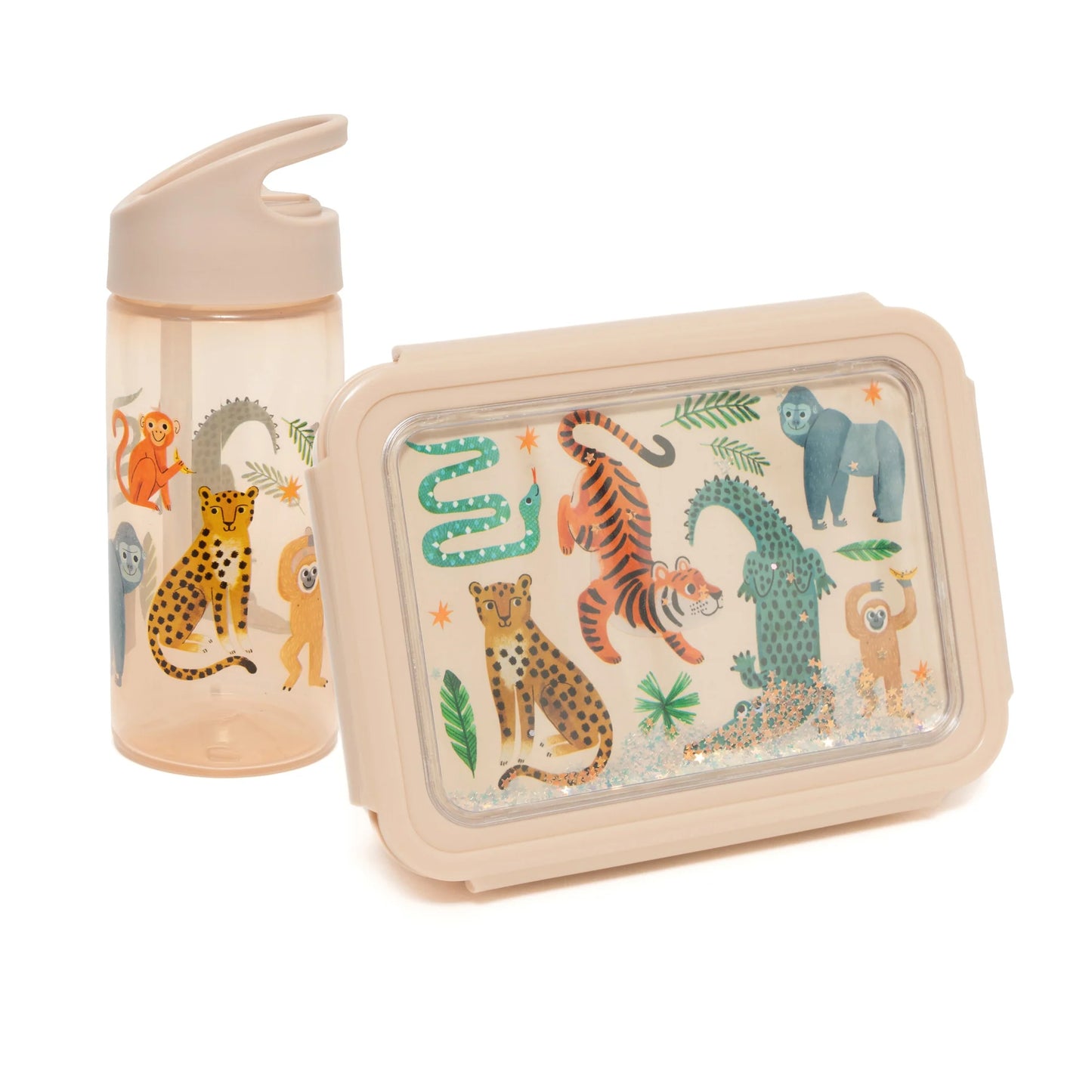 Petit Monkey Bentobox + Drinkfles Upside Down Animals Back to School set - Beige