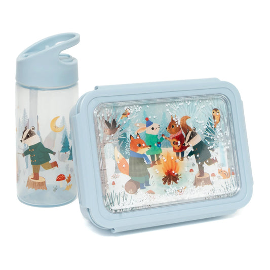 Petit Monkey Bentobox + Drinkfles Bonfire Animals Back to School set - Blauw