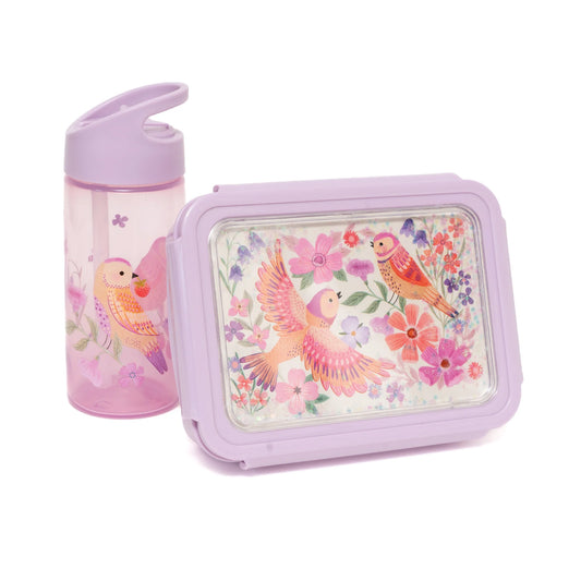 Petit Monkey Bentobox + Drinkfles Birds of a Feather Back to School set - Paars